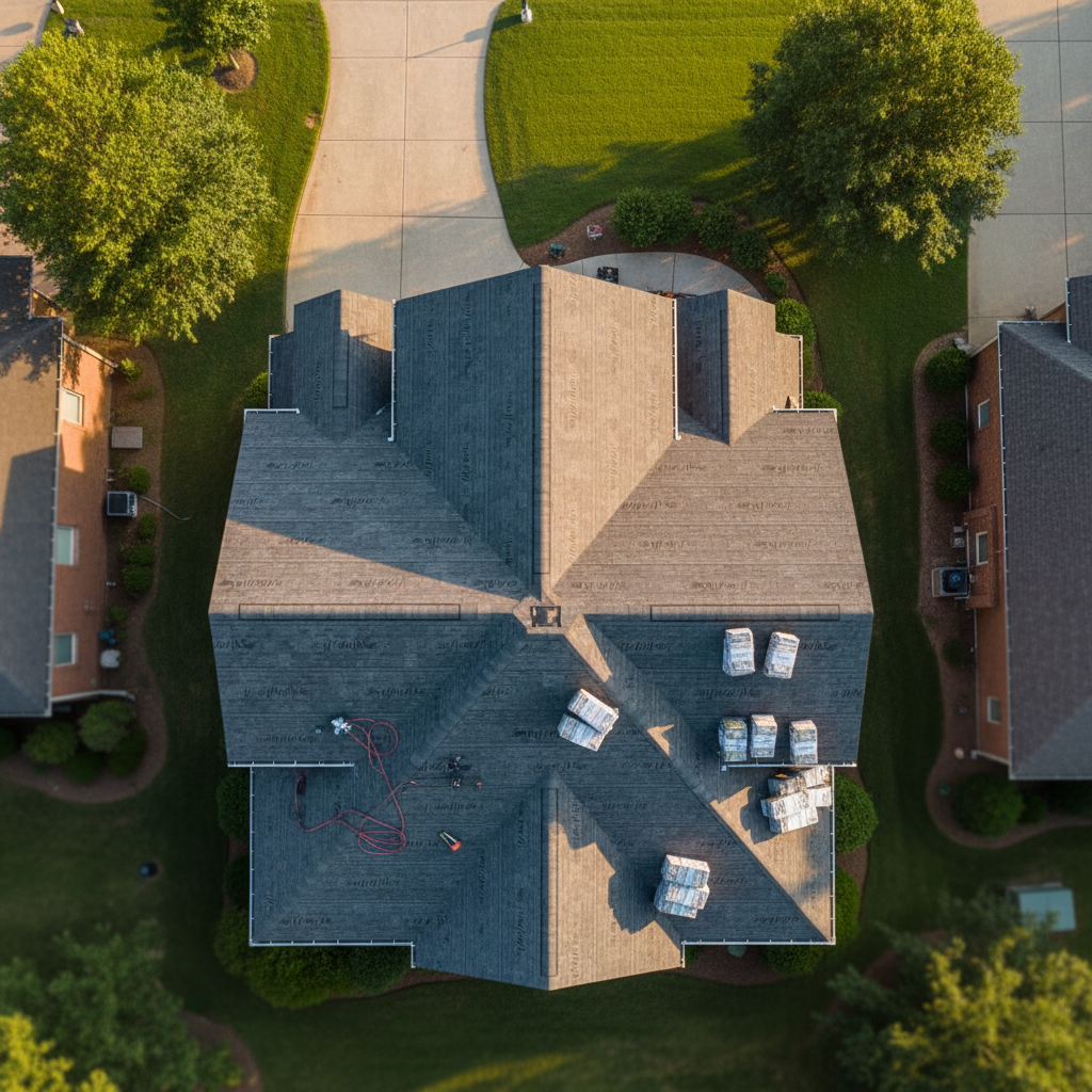 A detailed, photographic overhead view of a roofing project in progress on a suburban Charlotte home, captured from directly above. Sheets of underlayment are neatly rolled out across the roof deck, with carefully aligned rows of new shingles partially installed along one slope. Roofing tools, including nail guns and bundles of shingles, are arranged tidily on the surface, emphasizing organization and safety. The late morning sunlight casts gentle, defined shadows that reveal the contours of the roof planes. Surrounding lawns, driveways, and neighboring homes form a soft-focus border around the scene. The composition is structured and methodical, conveying efficiency, professionalism, and attention to detail in the roofing process.