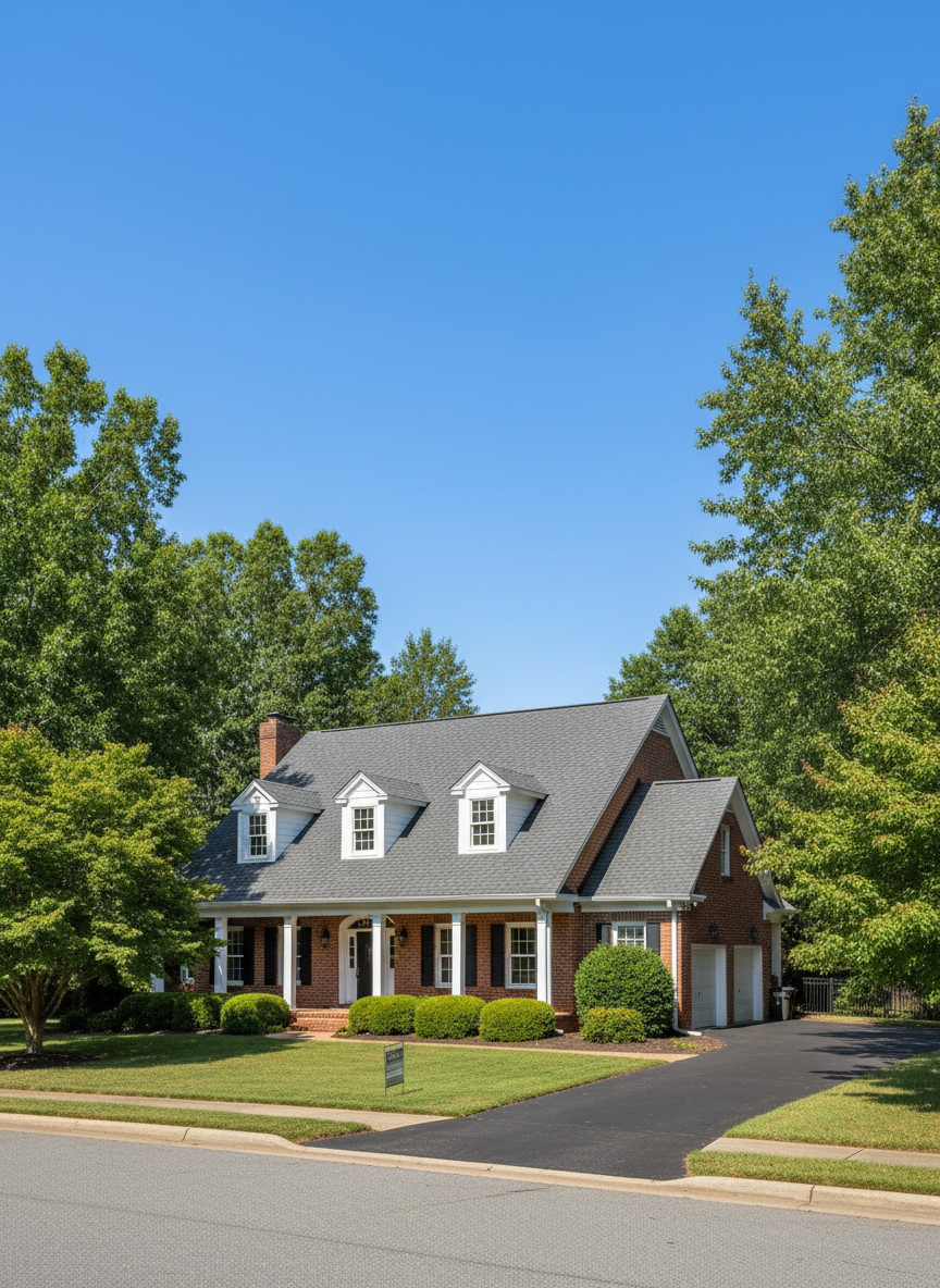 A wide, photographic view of a classic Southern-style brick home in Charlotte, North Carolina, featuring a newly installed medium-gray architectural shingle roof. The roof is clean and uniform, with defined hips, ridges, and dormers that stand out against a clear blue Carolina sky. Mature trees frame the house, their green foliage adding contrast to the warm red brick and cool gray roof tones. Captured from a slightly elevated street-level perspective, with balanced composition and sharp focus, the atmosphere feels professional, reliable, and welcoming, perfectly suited for showcasing completed roofing projects on a service portfolio page.