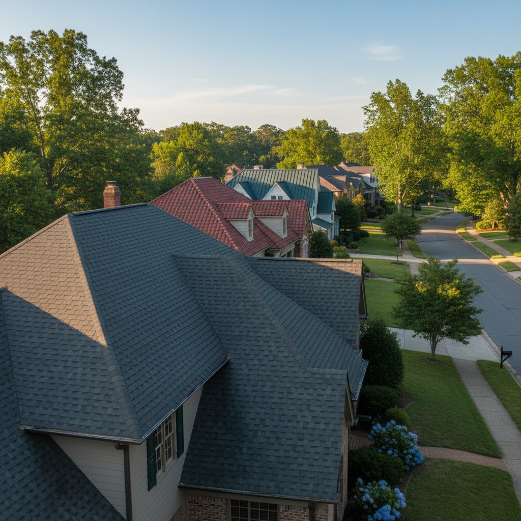 A panoramic, photographic shot of a quiet Charlotte, North Carolina residential street lined with well-maintained homes, each featuring different styles of professionally installed roofs. In the foreground, a two-story home with a fresh dark gray shingle roof is prominently featured, its ridges, valleys, and eaves sharply defined in the warm glow of late afternoon sunlight. Further down the street, other homes show varied roof colors and pitches, softened slightly by depth of field. Lush green lawns, mature trees, and a clear blue sky complete the setting. The composition uses the rule of thirds and a wide-angle perspective to convey a sense of community, trust, and long-term neighborhood value created by quality roofing.